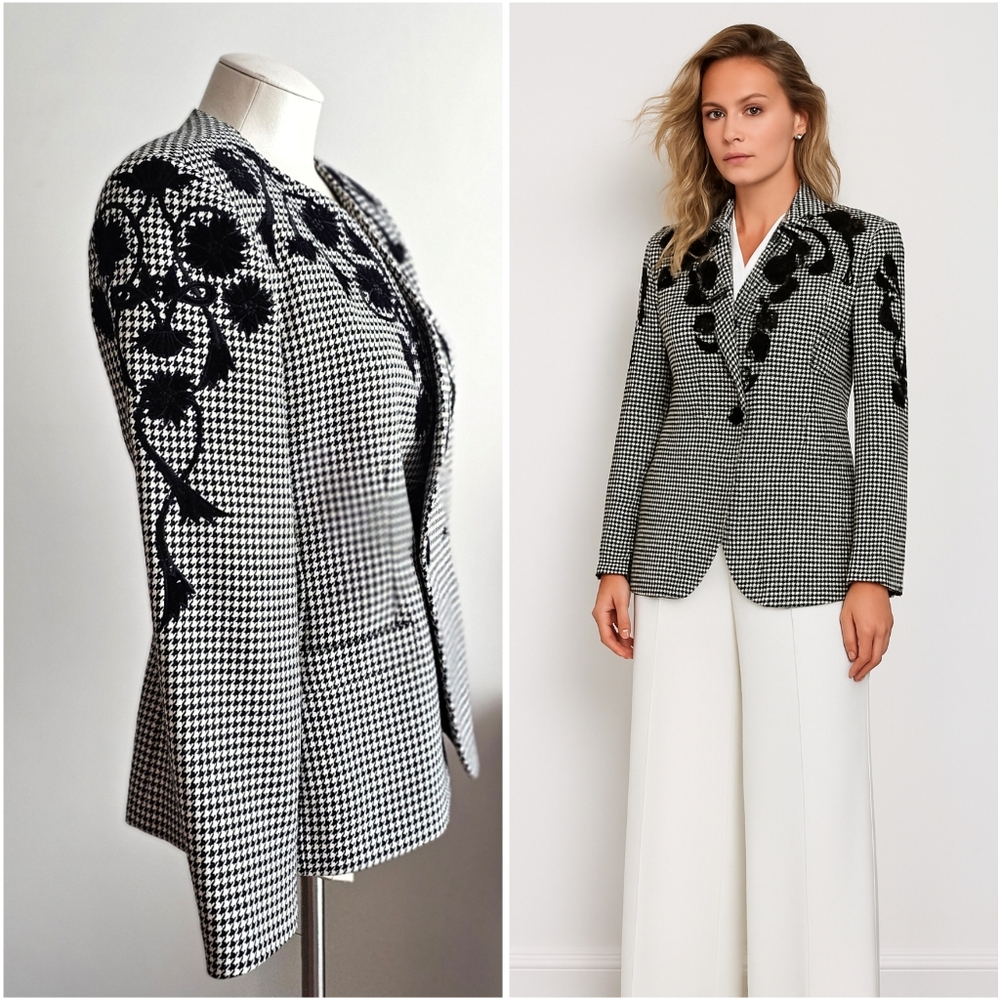 ✨ VTG John Meyer of Norwich Black White Houndstooth Floral Embroidered Blazer 8P
